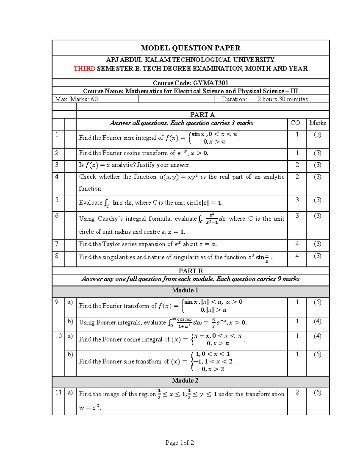 MODEL QUESTION PAPER GYMAT301: Mathematics for Electrical Science - B ...