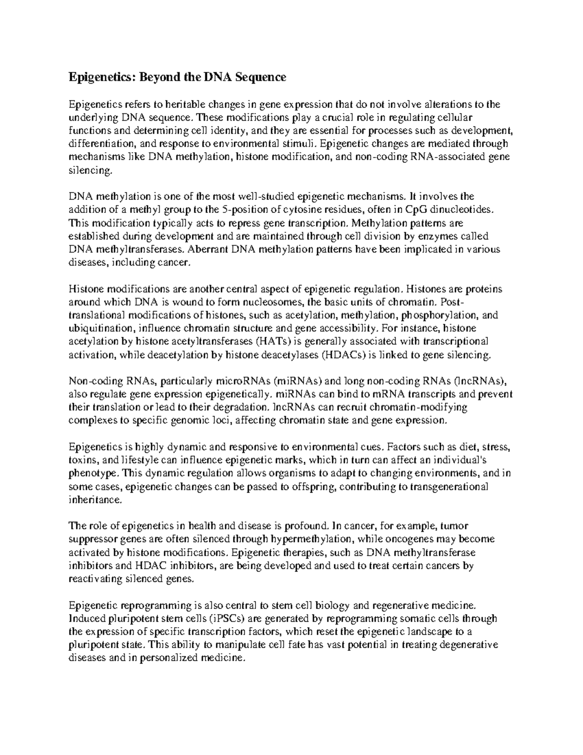 BIOL 301: Lecture Notes on Epigenetics Beyond DNA Sequence - Studocu
