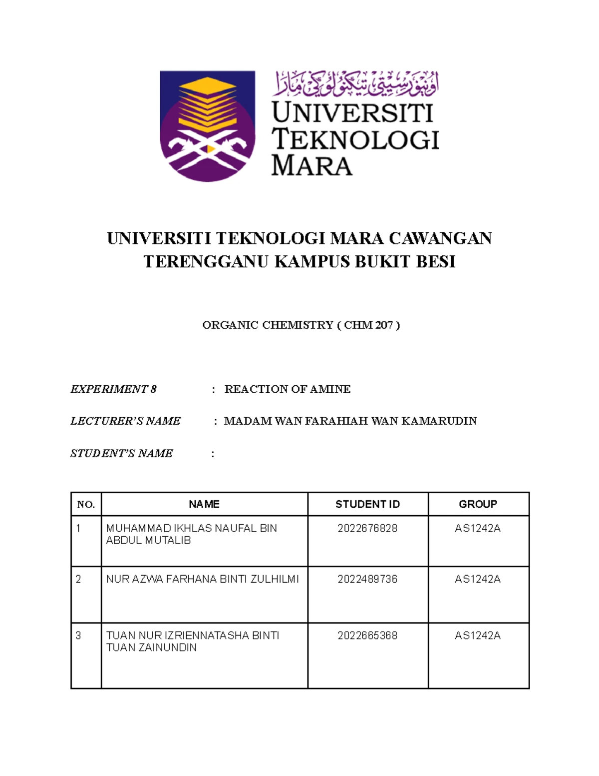 LAB Report CHM207 Experiment 2 Distillation Tecniques - LABORATORY ...