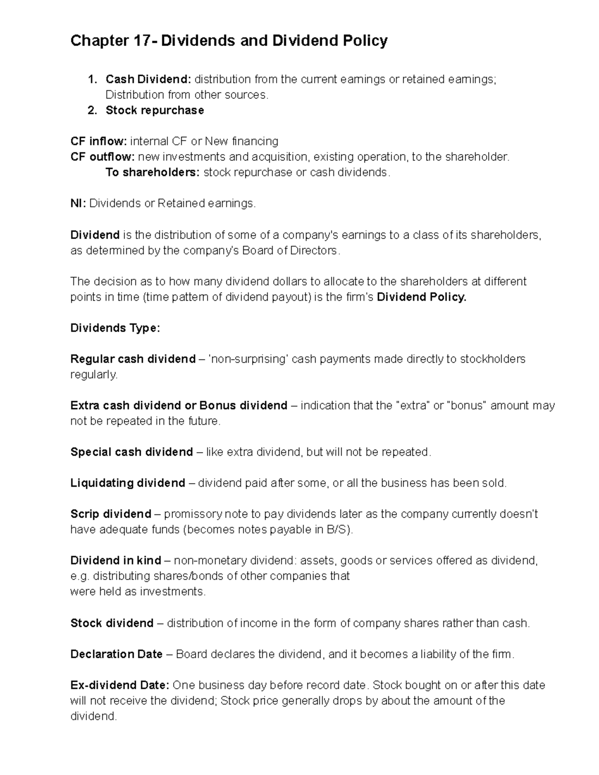 Chapter 17- Dividends and Dividend Policy - Stock repurchase CF inflow ...