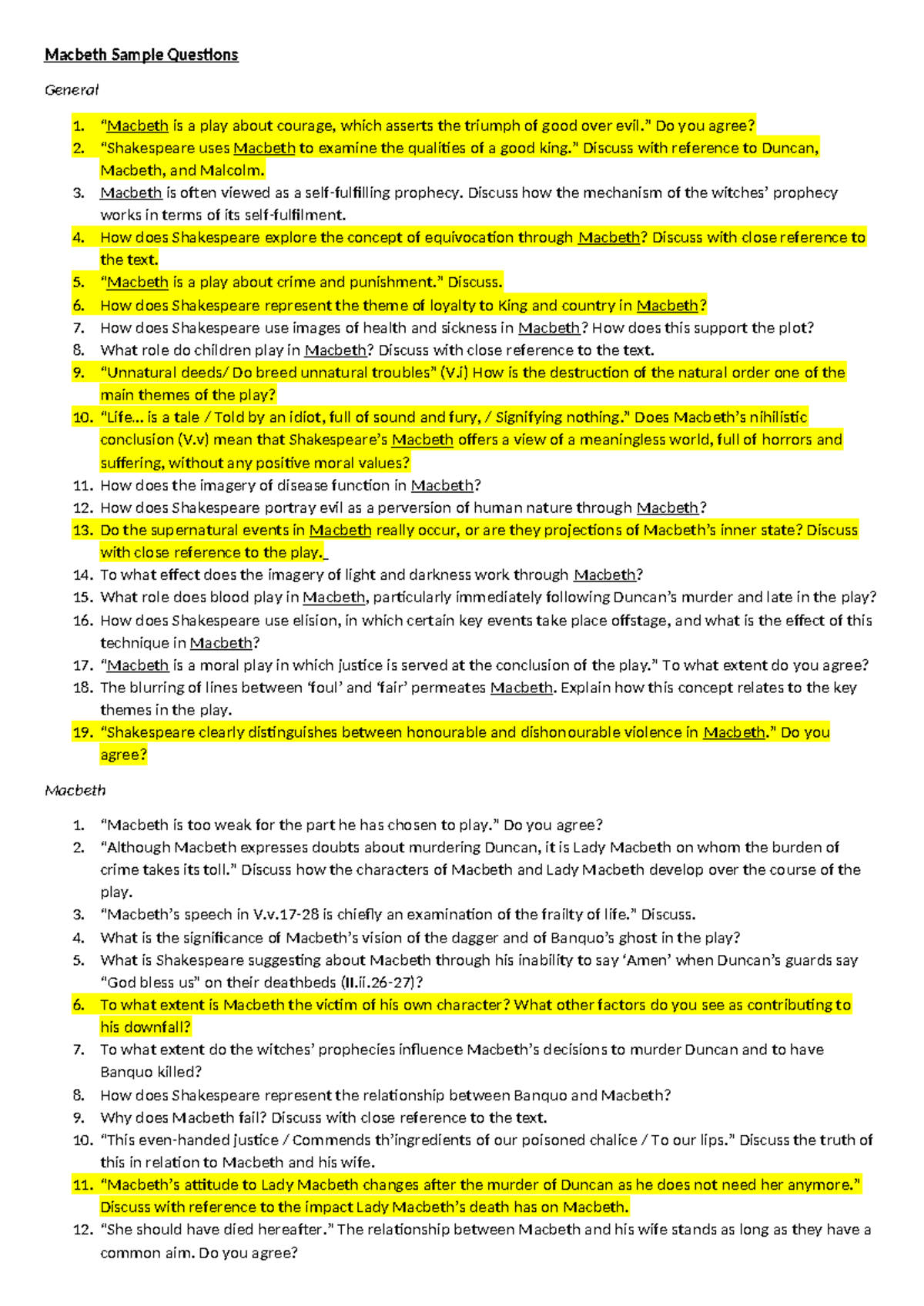 Macbeth Sample Questions: Analyzing Themes and Characters - Studocu