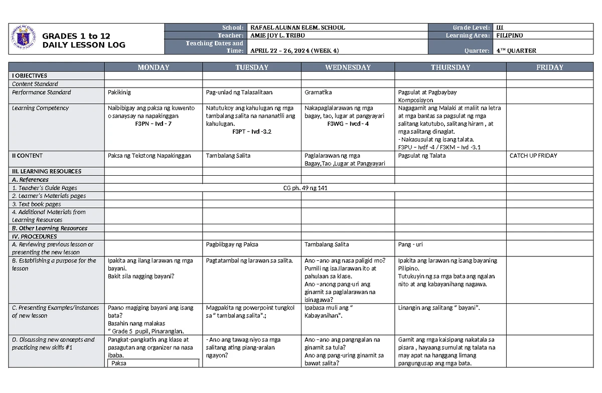 DLL MAPEH 3 Q4 W4 - Daily Lesson Log for Grade 3 (Week 4) - Studocu