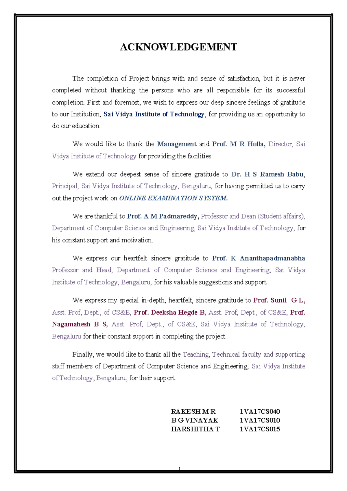 Acknowledgement of project completion for online examination system ...