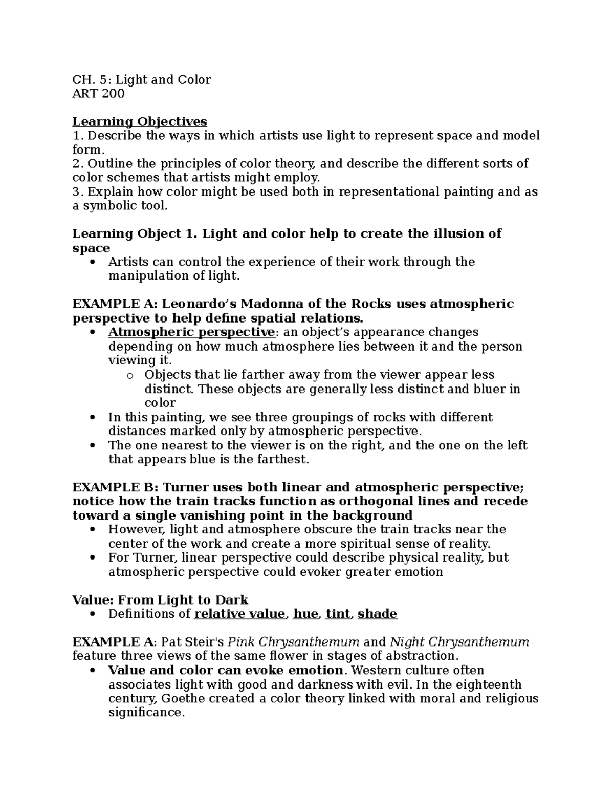 Revised Title: ART 200 CH. 5 Lecture Notes: Exploring Light and Color ...