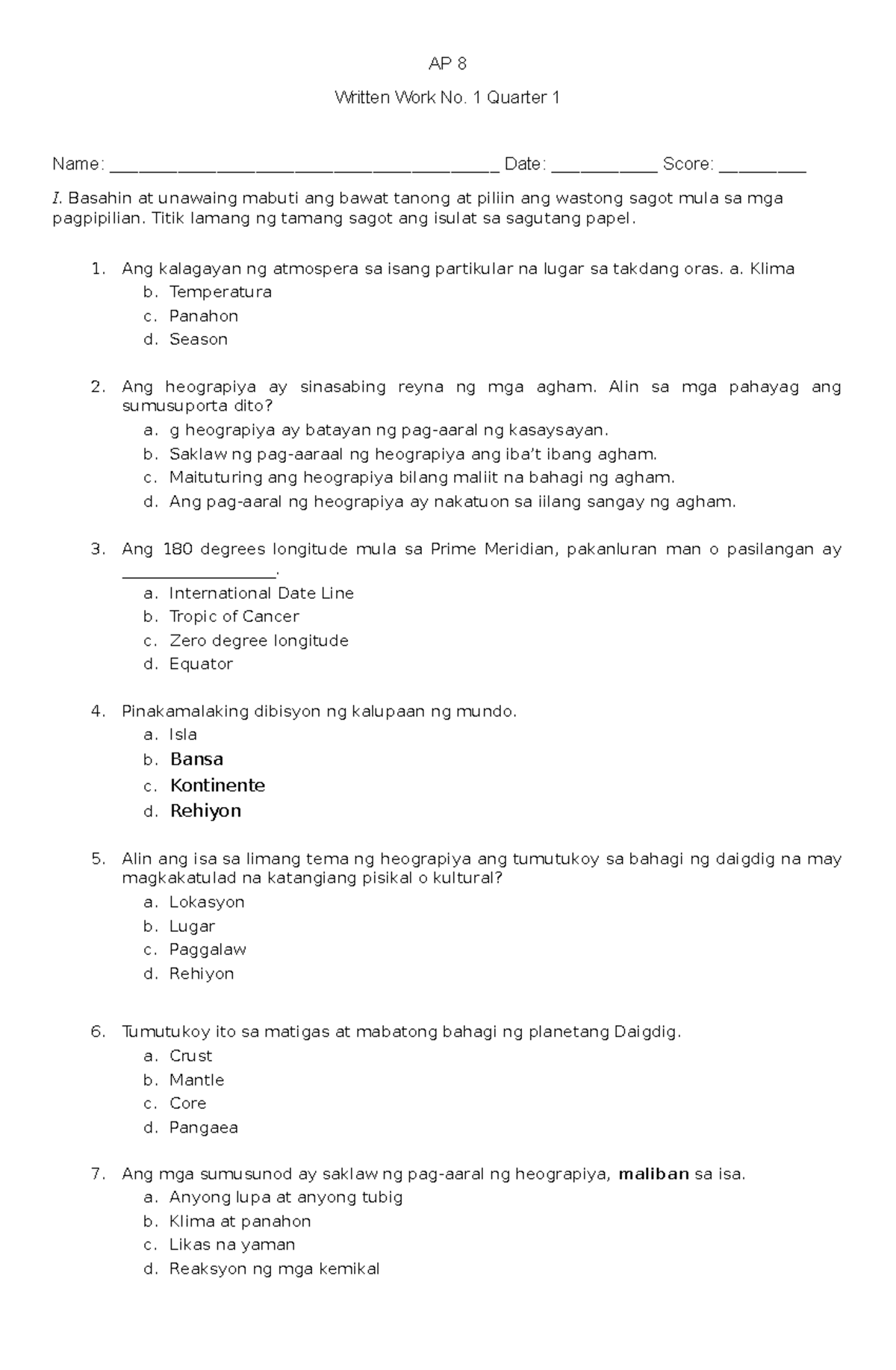 AP 8 - Summative Test on Geography and History Concepts - Studocu