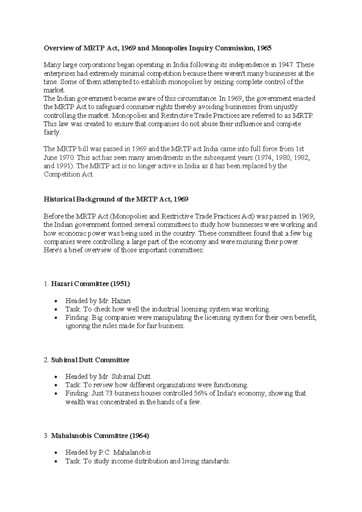 MRTP Act, 1969: Overview & Impact on Competition Law - Studocu
