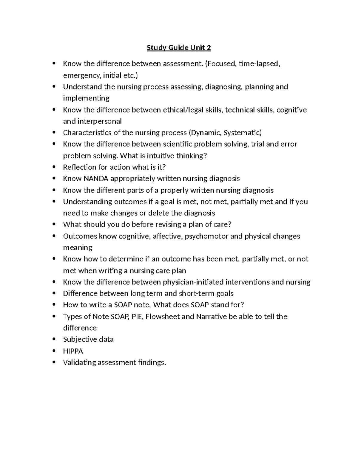 Nursing Assessment & Process Study Guide (Unit 2): Key Concepts ...