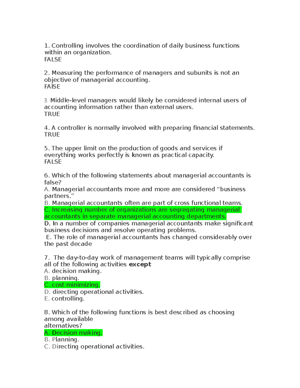 296360824 Managerial Accounting Chapter 1 Test Bank with Answers - Studocu