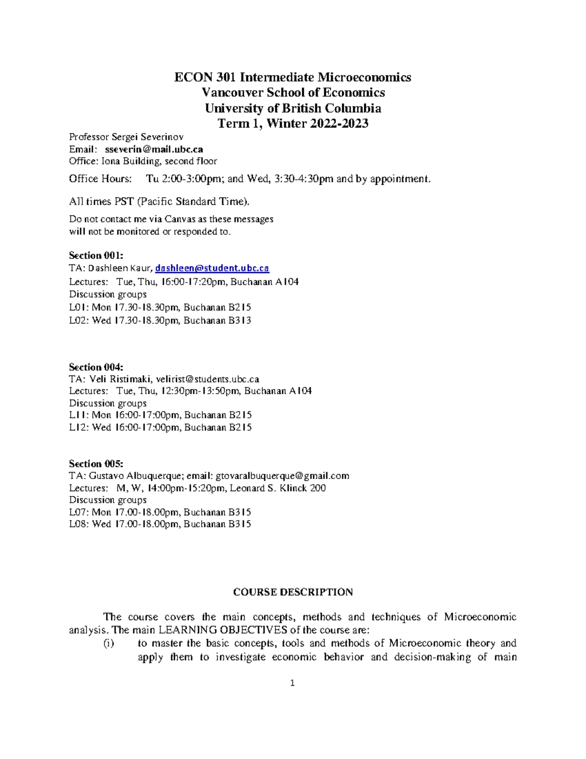 Syllabus 301 2022 - ECON 301 Intermediate Microeconomics Vancouver ...