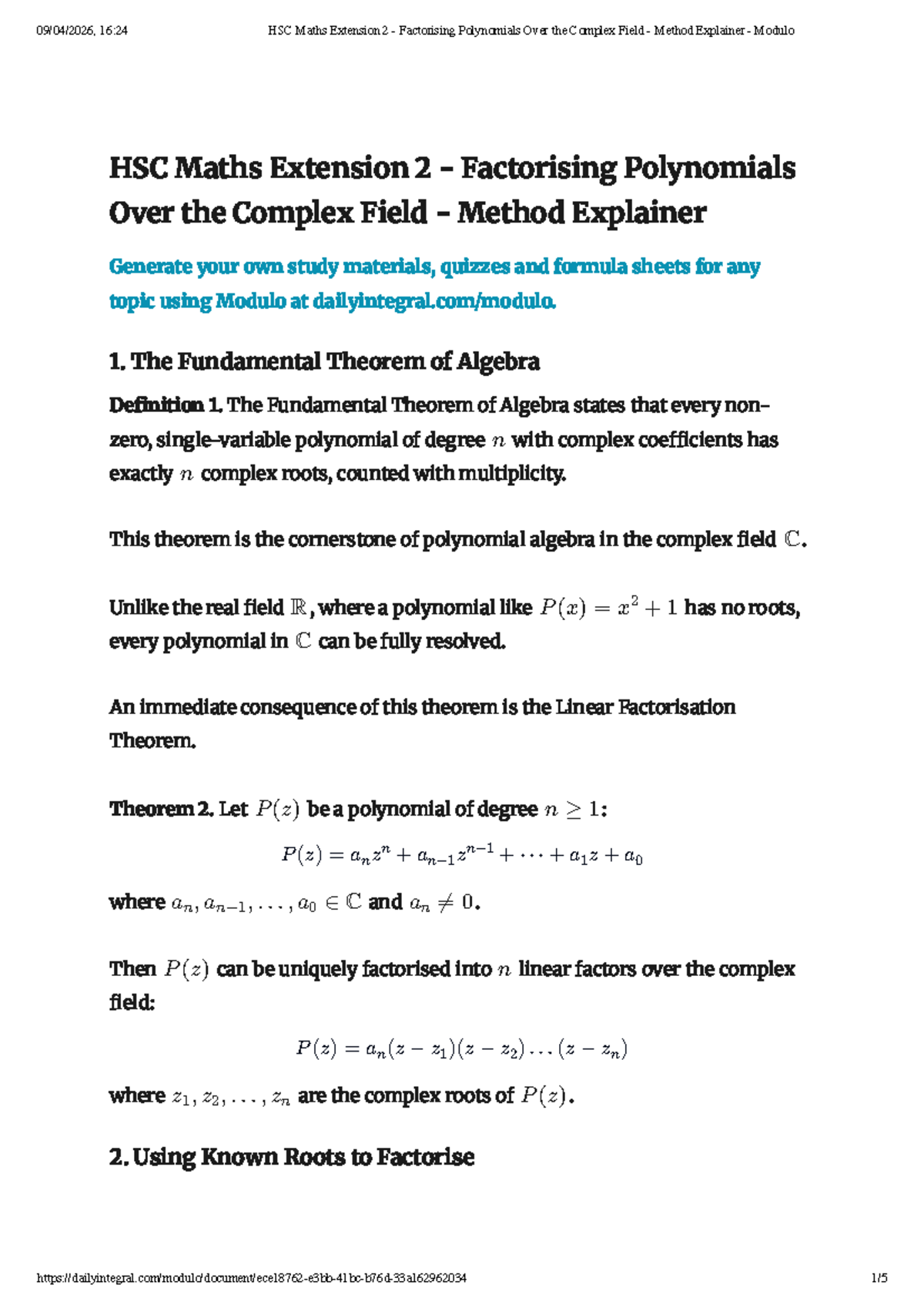 HSC Maths Extension 2: Factorising Polynomials in Complex Field - Studocu