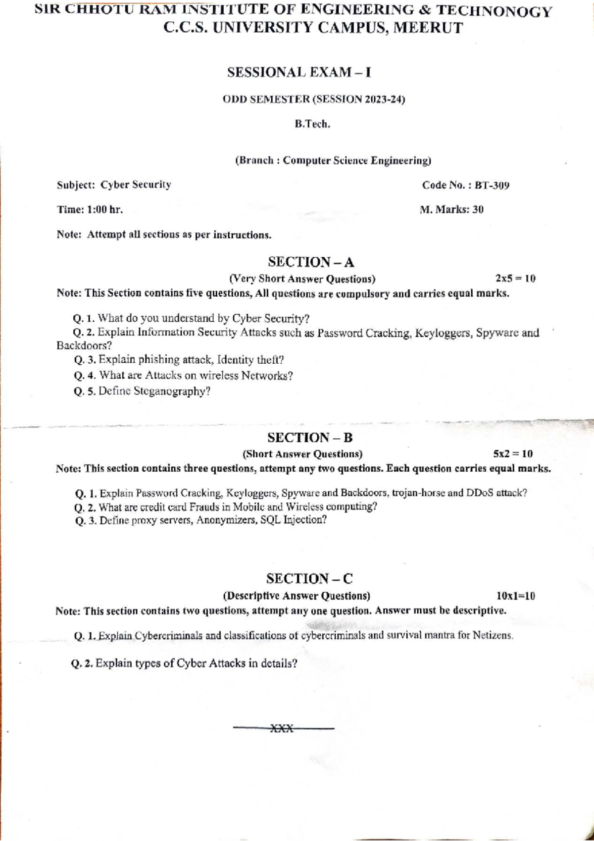 B.Tech 2nd Year Sessional Exam Question Papers: Cyber Security, Data ...