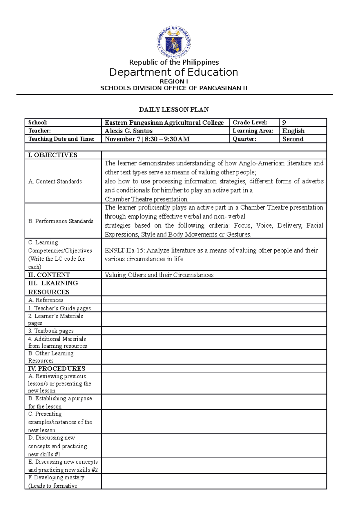 DLP-AULD LANG SYNE-E9 - Daily Lesson Plan for Grade 9 English - Studocu