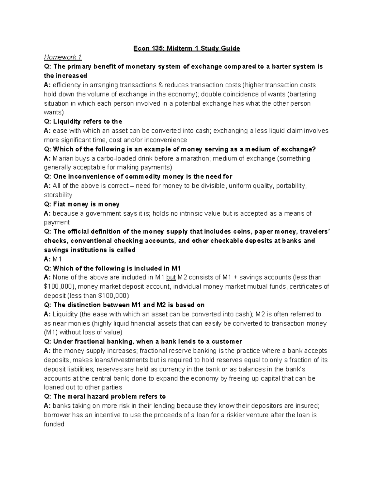 Econ 135 Midterm 1 Study Guide: Key Concepts and Questions - Studocu