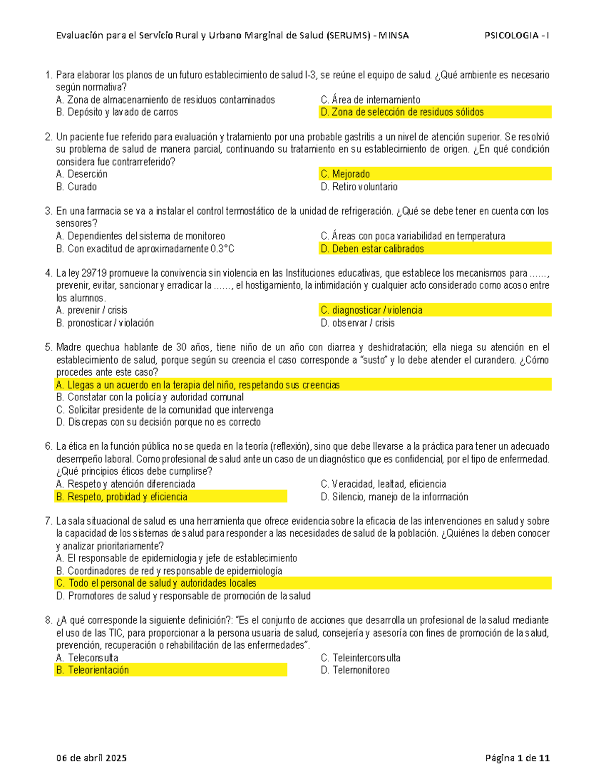 Examen SERUMS PSICOLOGÍA I 2025: Evaluación Integral de Salud - Document Preview