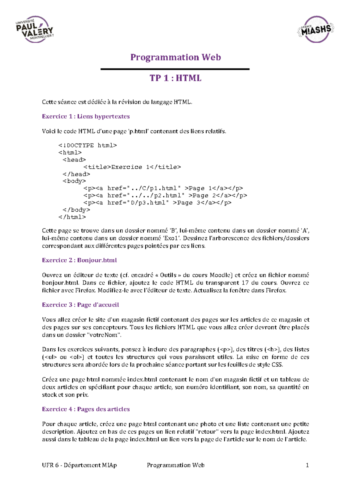 TP1 Programmation Web : Révision HTML et Création de Pages - Studocu