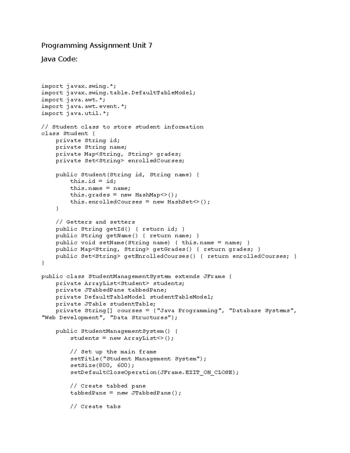 Programming Assignment Unit 7: Java Student Management System Code ...