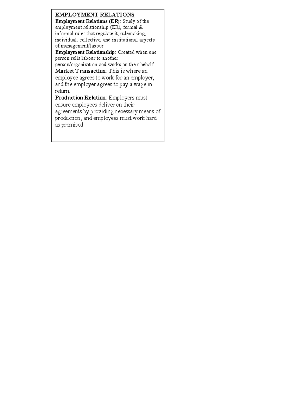 Empl 1101 notes - EMPLOYMENT RELATIONS Employment Relations (ER): Study ...