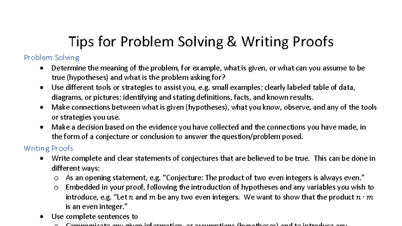 Tips for Problem Solving & Writing Proofs: Strategies & Questions - Studocu