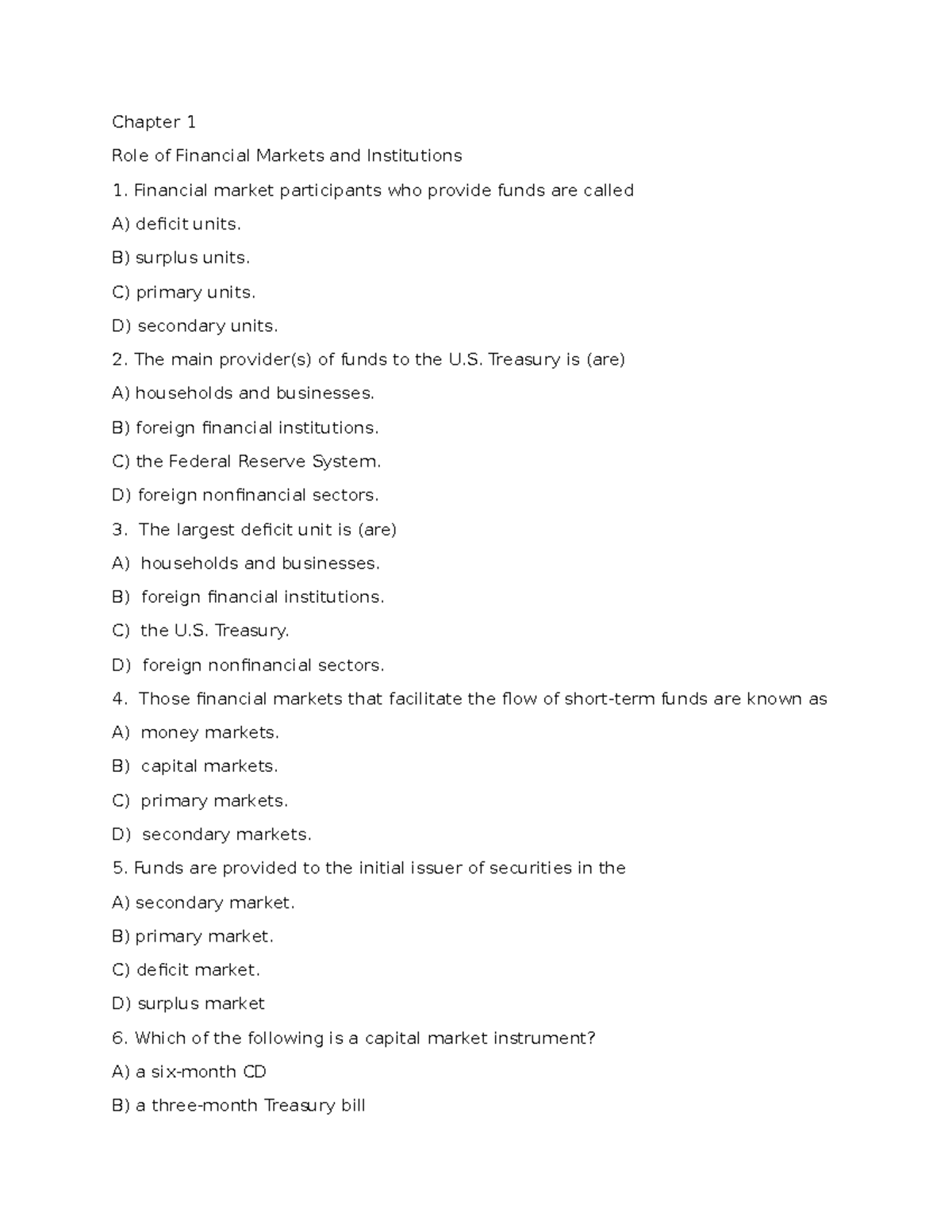 Chapter 1: Role of Financial Markets and Institutions - Key Concepts ...
