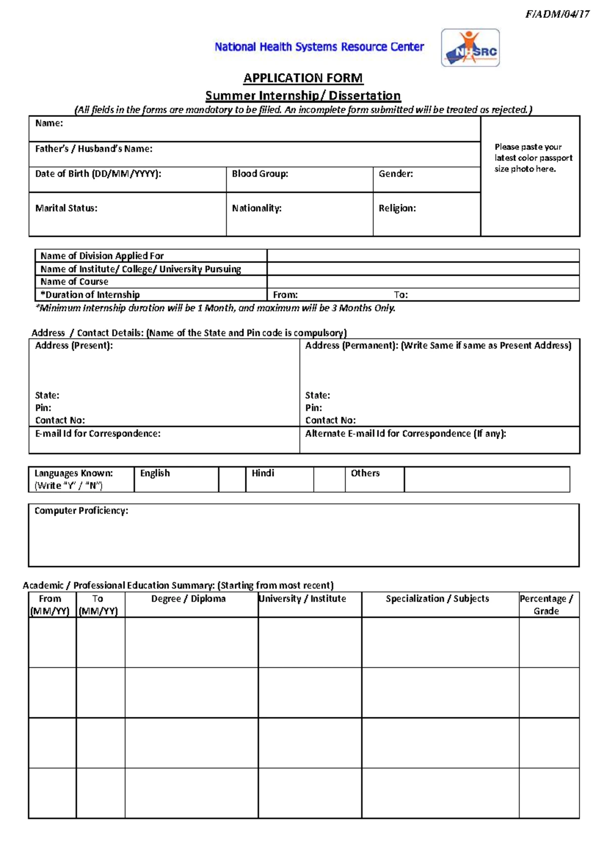 Guidelines for Recruitment of Dissertation Internship Students (NIN ...