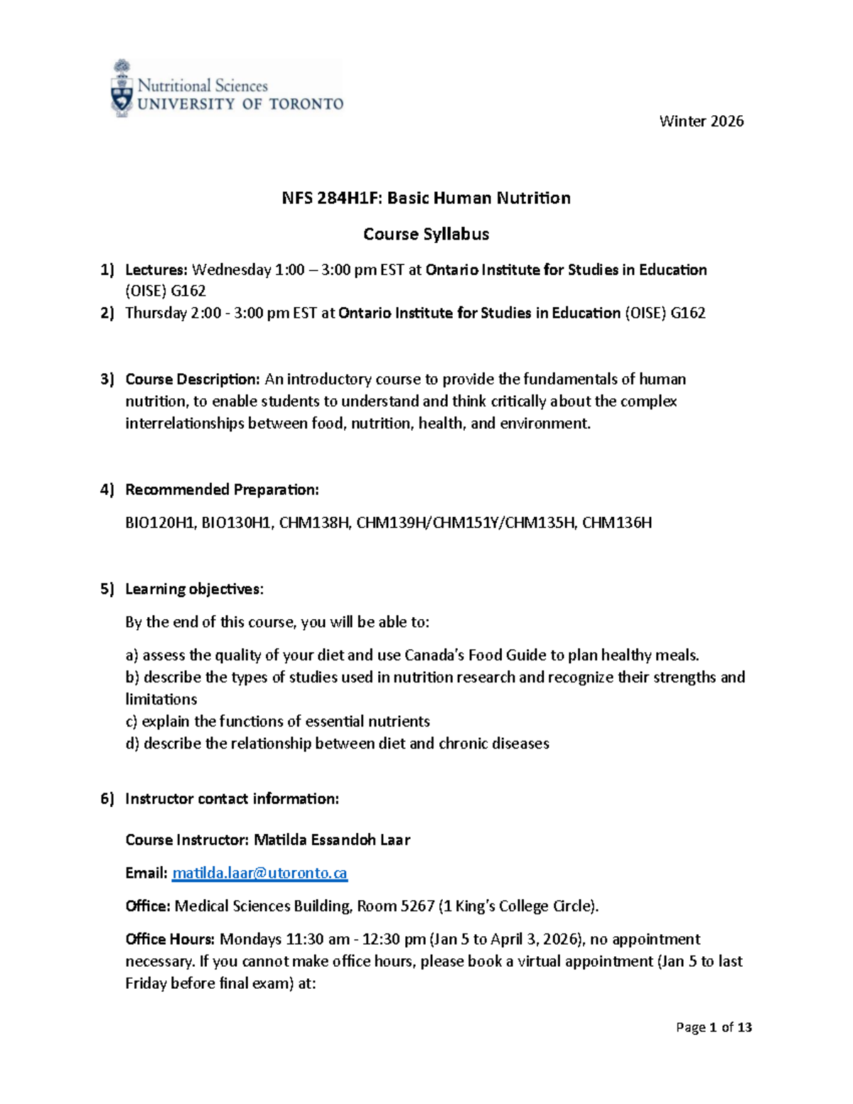 NFS 284H1F: Basic Human Nutrition Course Syllabus - Winter 2026 - Studocu