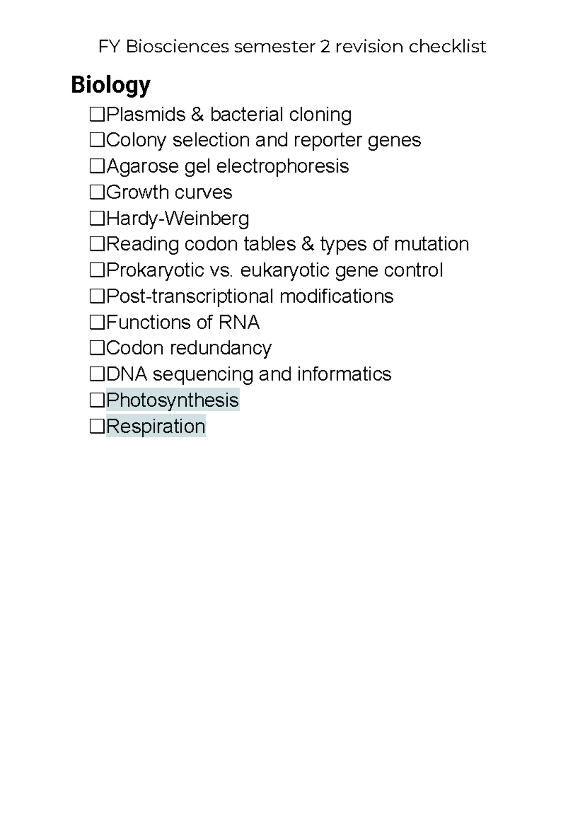 Sem 2 Revision Checklist 2021-22 - 2HI505 - FY Biosciences semester 2 ...