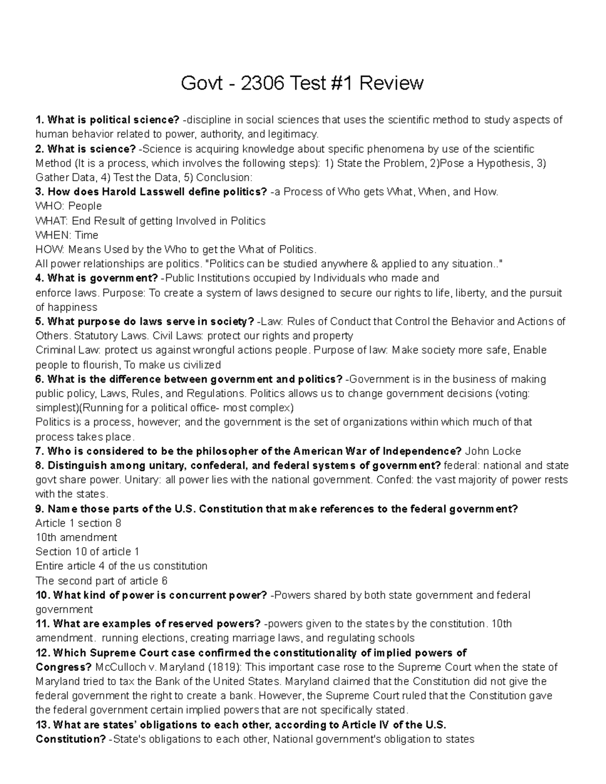 Govt 2306 Test #1 Review: Key Concepts and Principles in Political ...