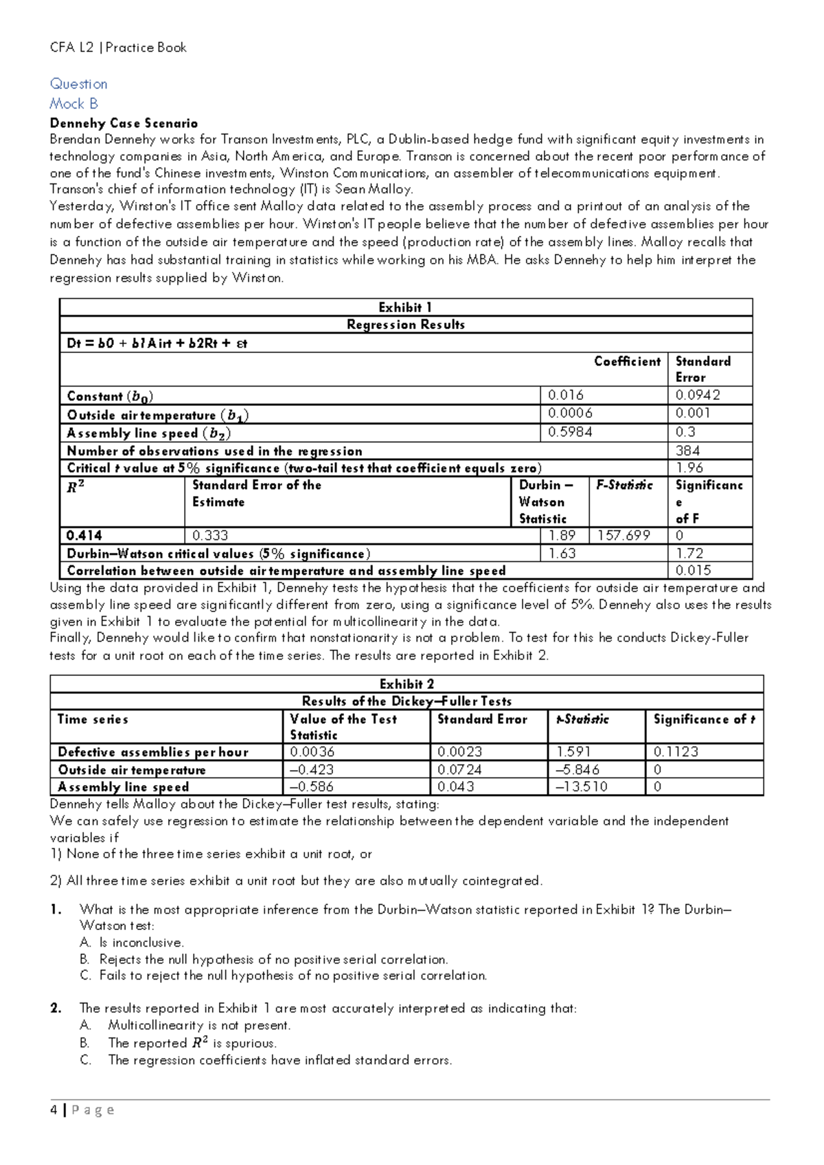 CFA L2 Mock Exam: Dennehy Case Study Analysis and Regression Insights ...
