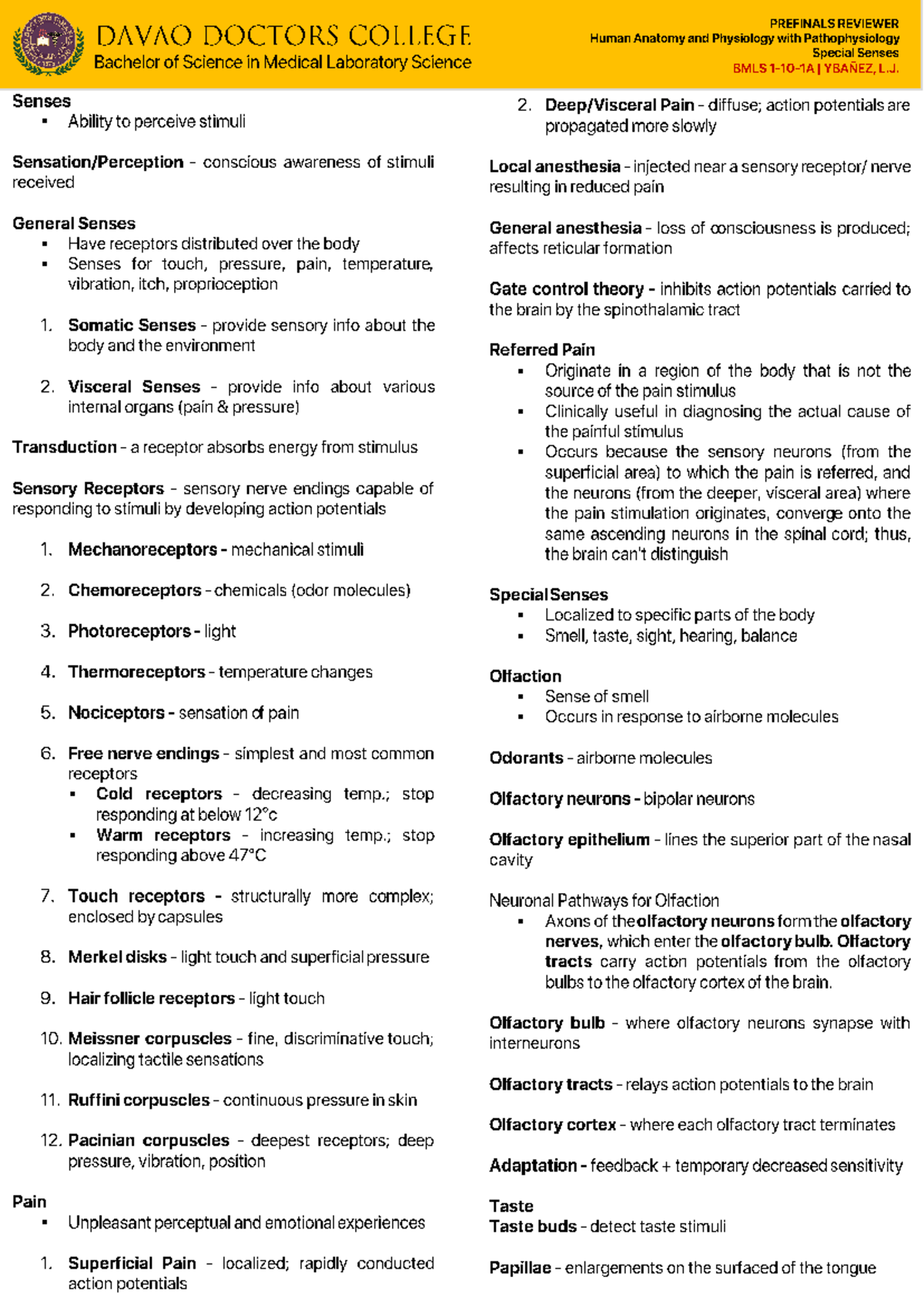 Anatomy Prefi Special Senses - Medical Laboratory Science - - Studocu