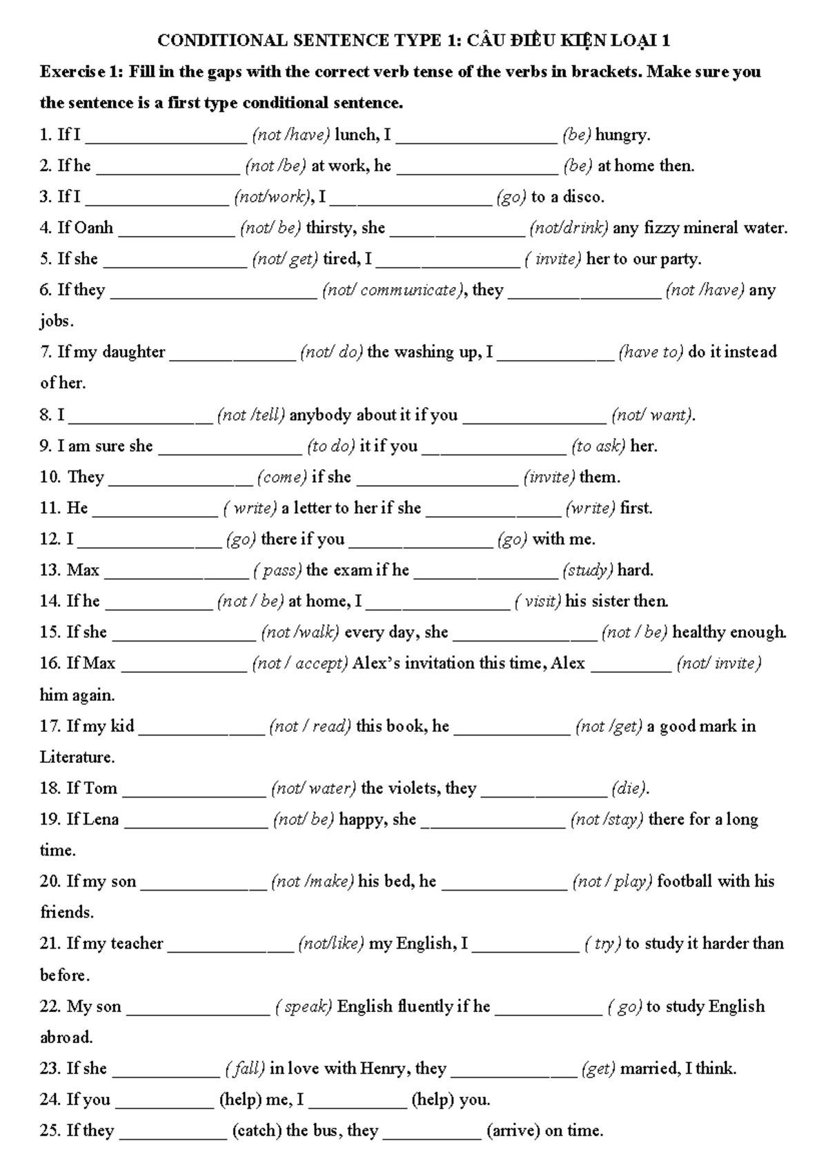 English 6 UNIT 11: Conditional Sentence Type 1 Exercises - Studocu