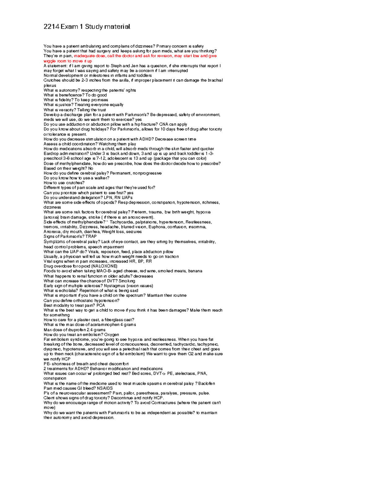 2214 Exam 1 Study Guide: Key Concepts and Patient Care Principles - Studocu