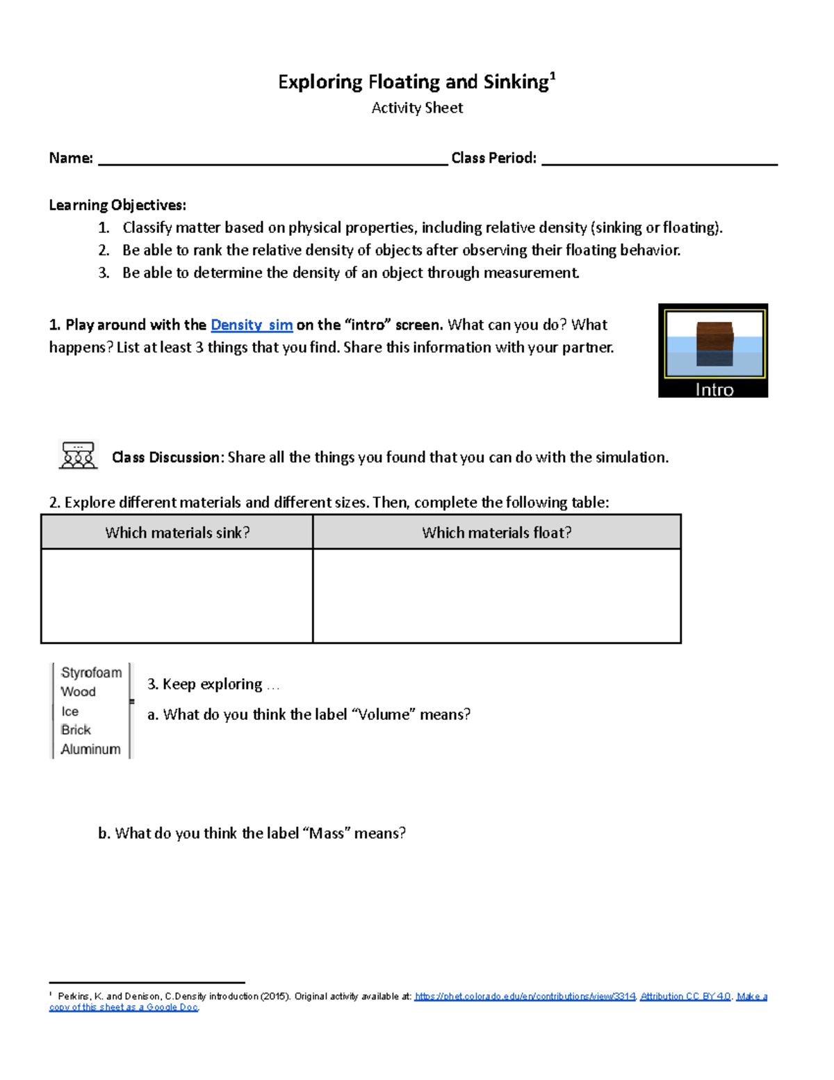 Density activity sheet: Exploring floating and sinking concepts - Studocu