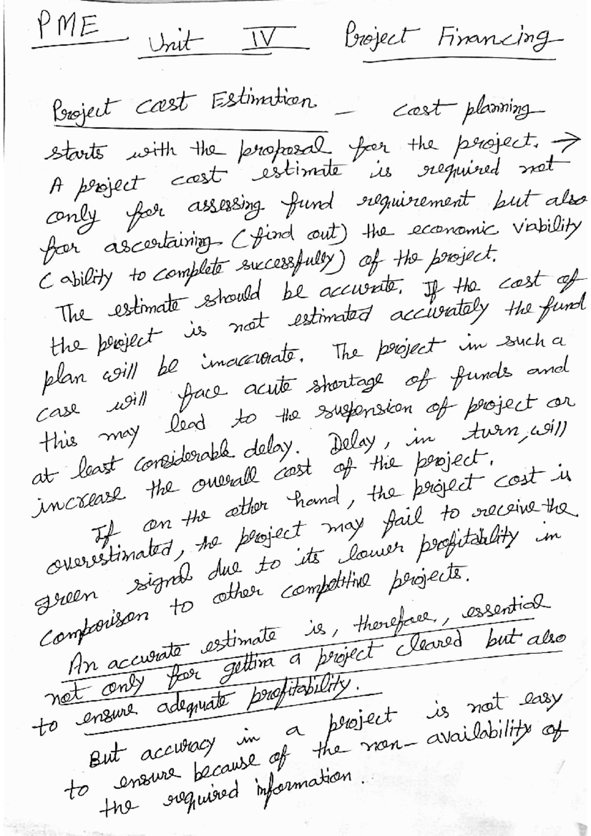 PME Unit 4 - Unit 4 notes - PME Unit IV Project Financing Project cast ...