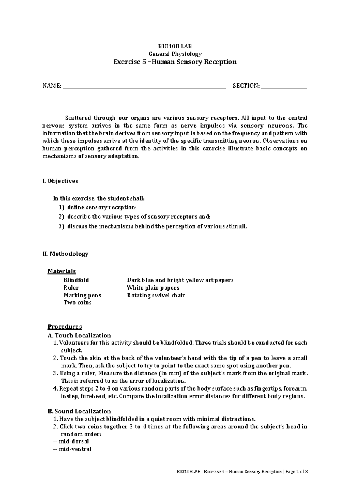 BIO108 Lab Exercise 5: Human Sensory Reception Overview - Studocu