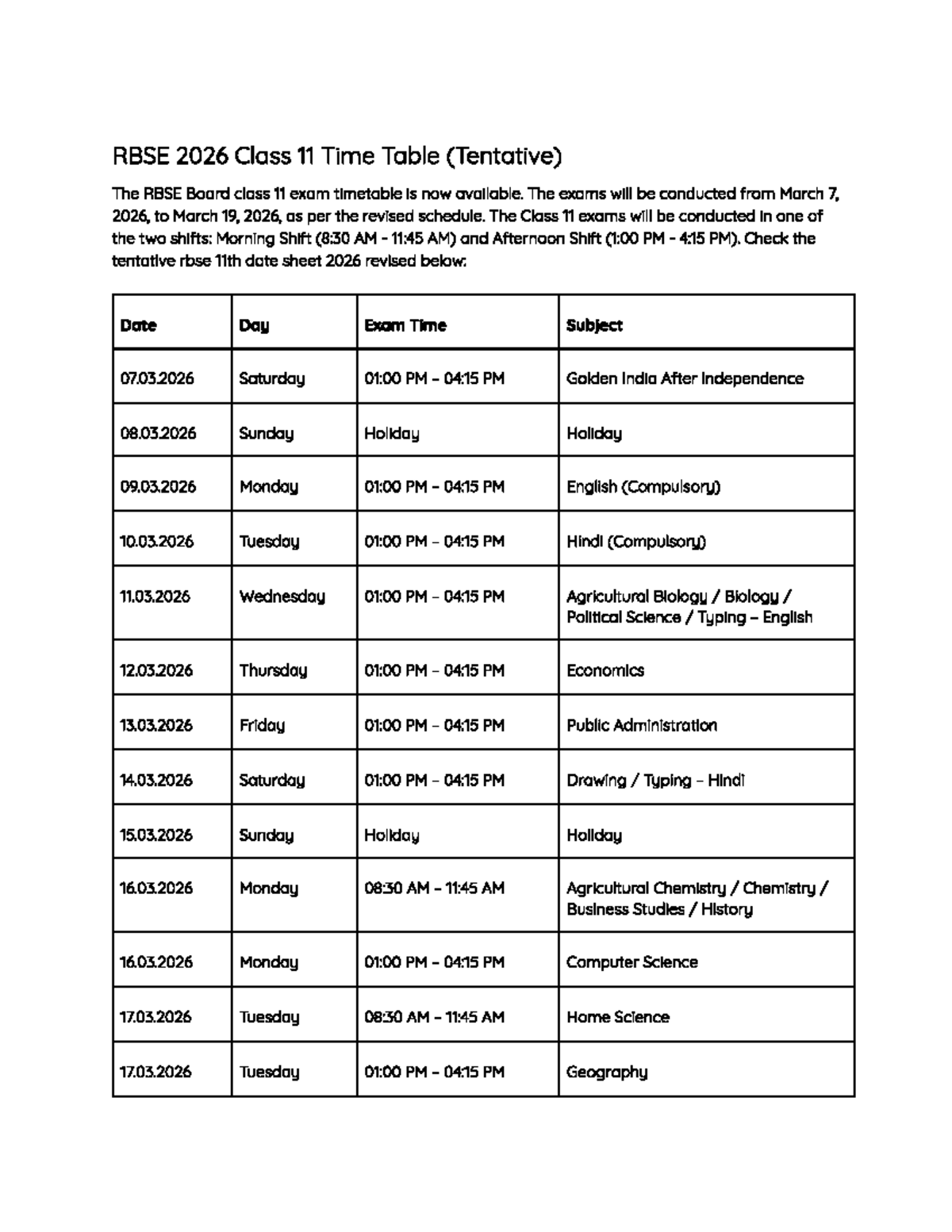 RBSE 2026 Class 11 Tentative Exam Schedule - Studocu