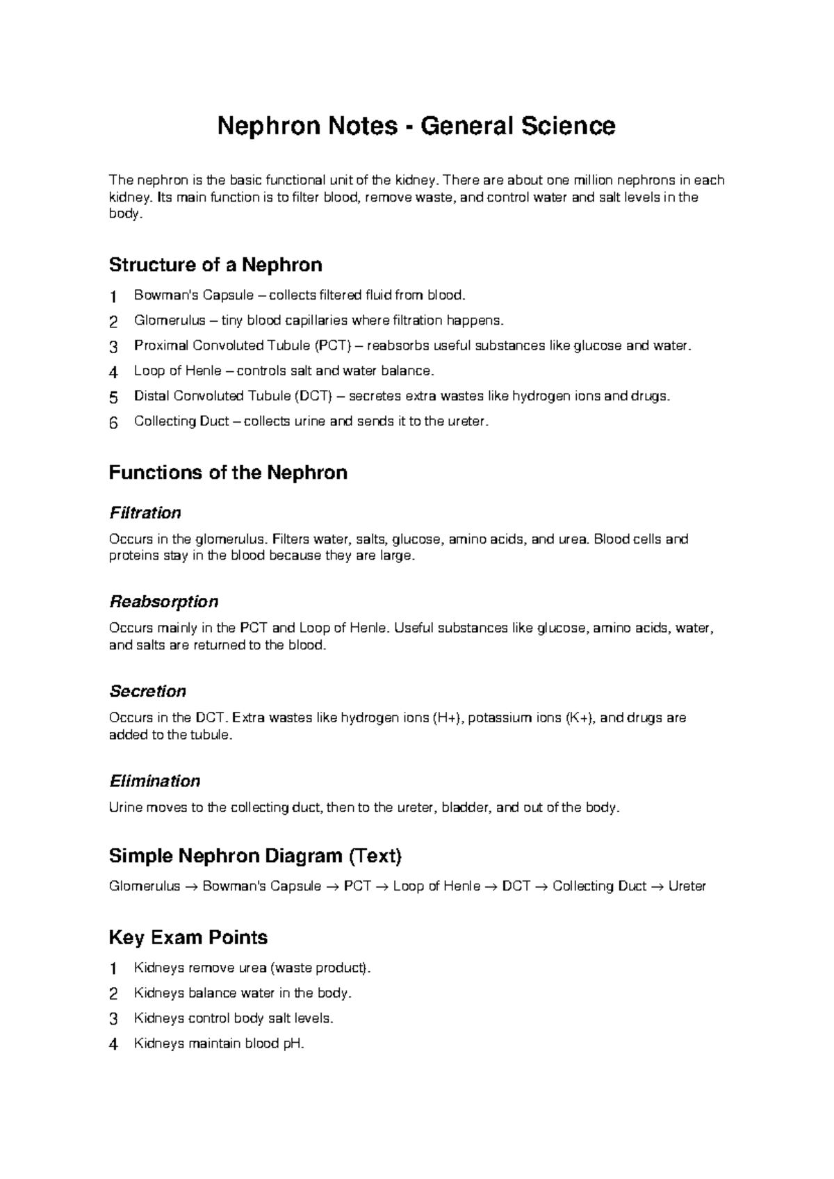 Nephron Notes for General Science: Key Functions & Structure - Studocu