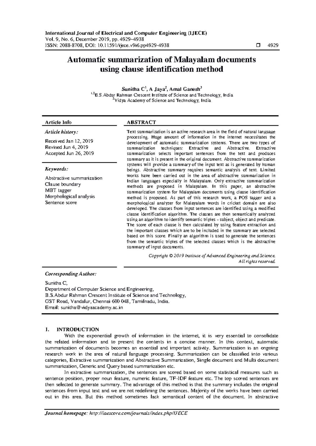 Automatic Summarization of Malayalam Documents: Clause Identification ...