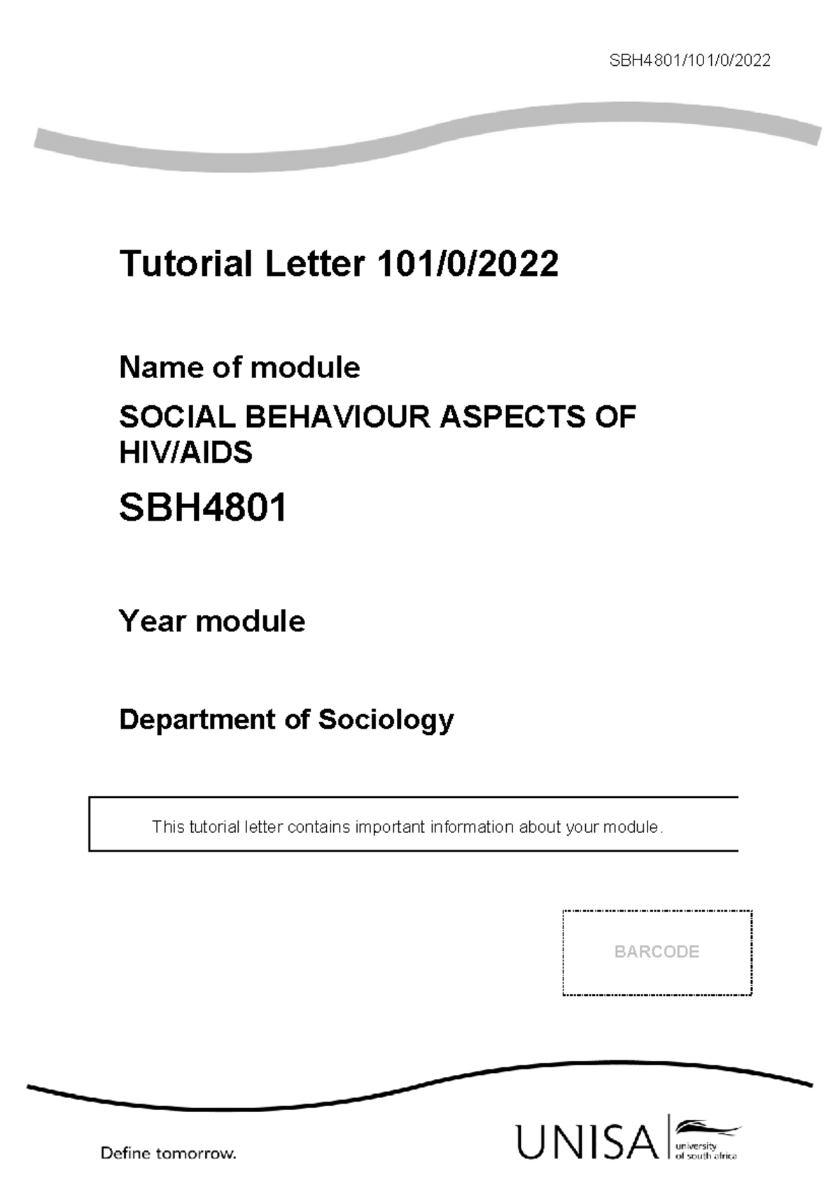 Tutorial Letter 101 for SBH4801: Social Behaviour and HIV/AIDS Insights ...