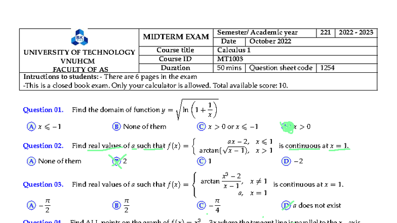 Calculus 1 MT1003 Midterm Exam Question Sheet - October 2022 - Studocu