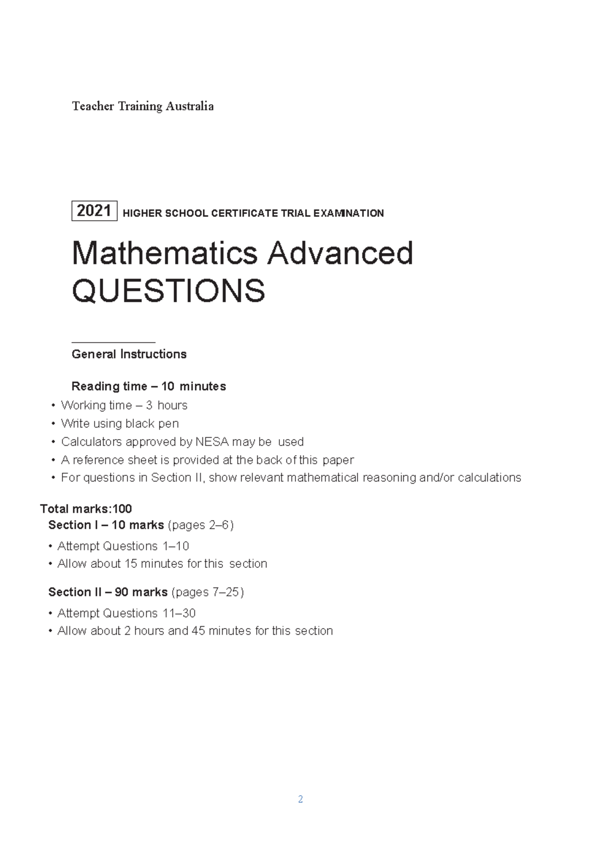 2021 HSC Trial Exam Mathematics Advanced - Final Questions - Studocu