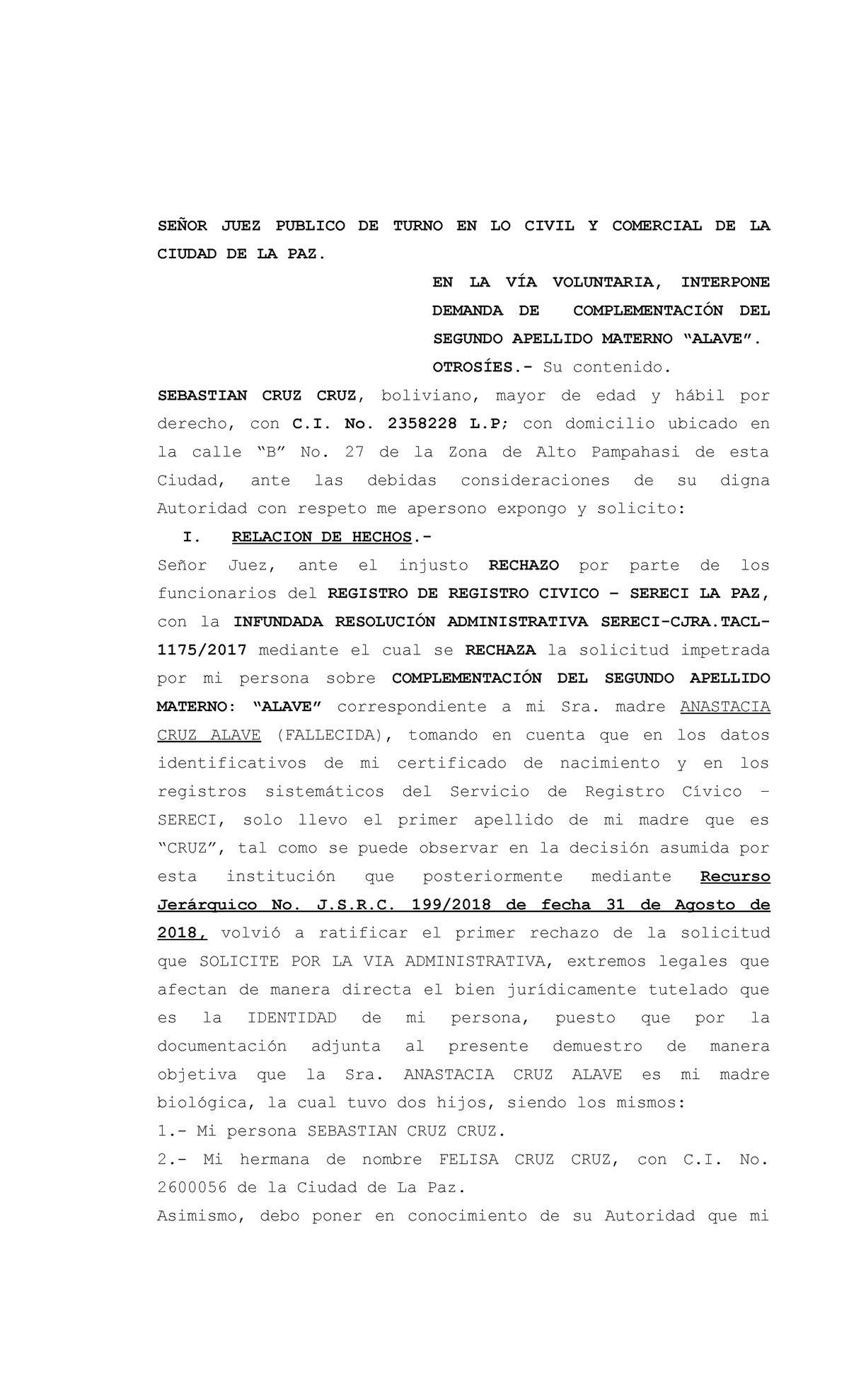 Demanda Voluntaria de Corrección de Apellido Materno - Sebastián - Document Preview