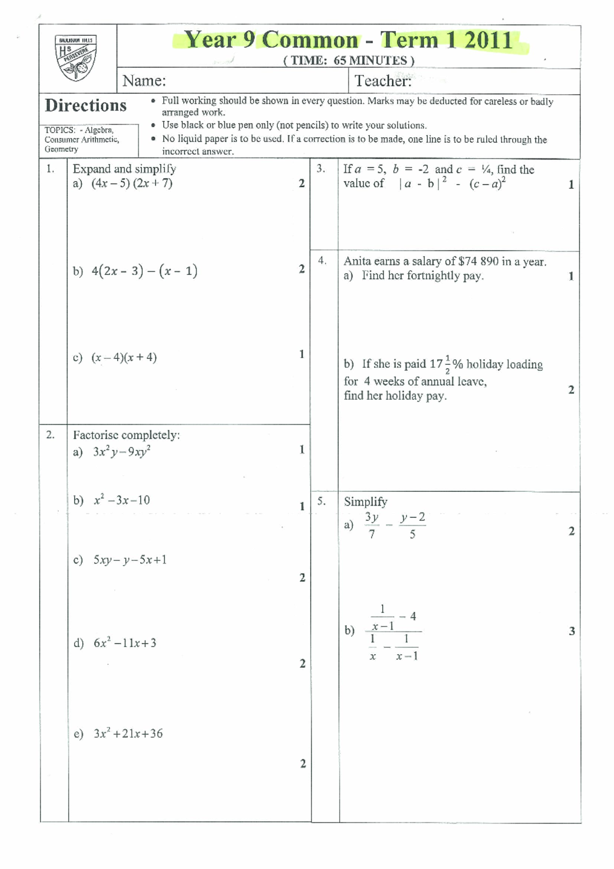 9 T1 2011 - Year 9 Common Test Paper on Algebra & Geometry - Studocu