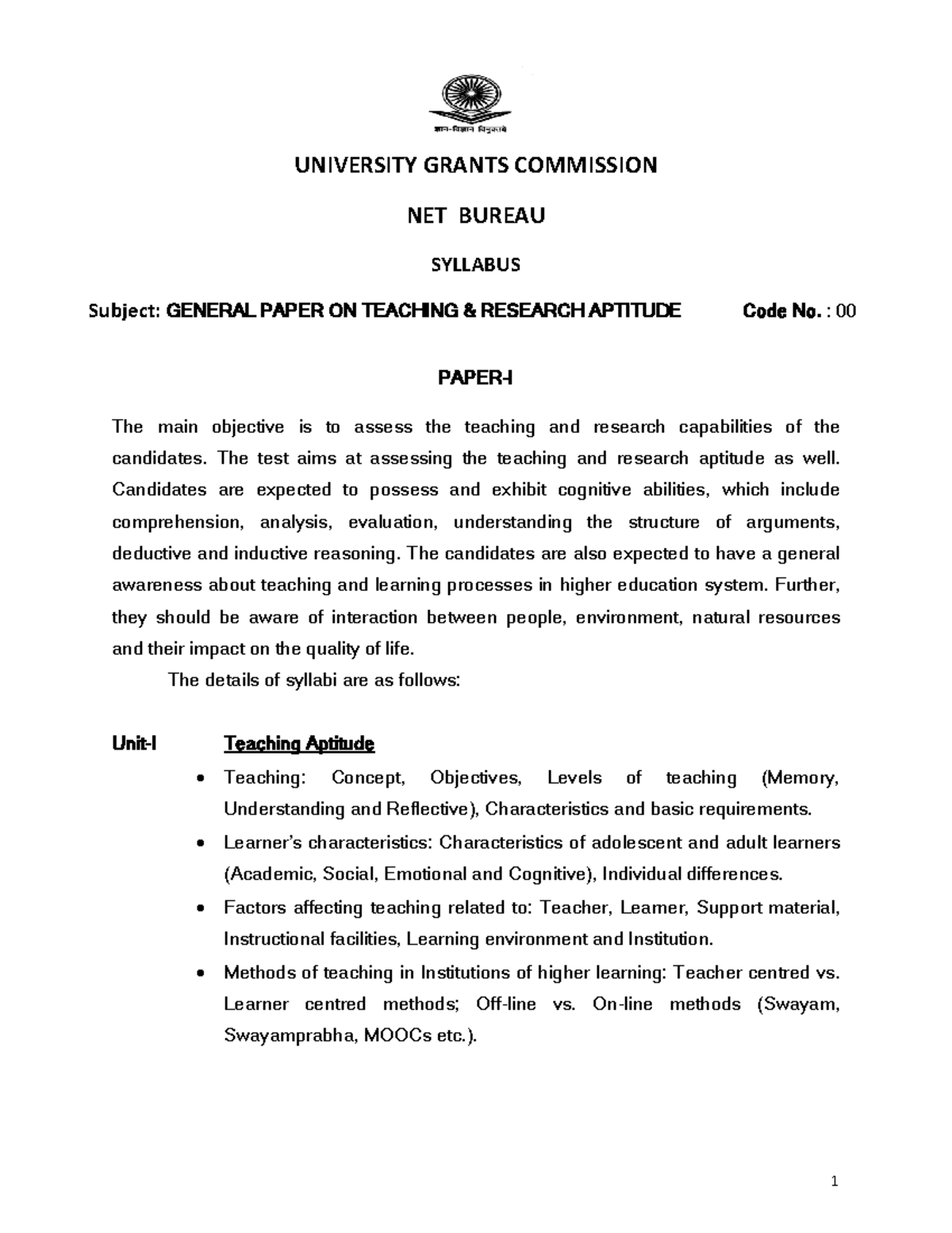 NET Paper 1 Syllabus - UNIVERSITY GRANTS COMMISSION NET BUREAU SYLLABUS ...