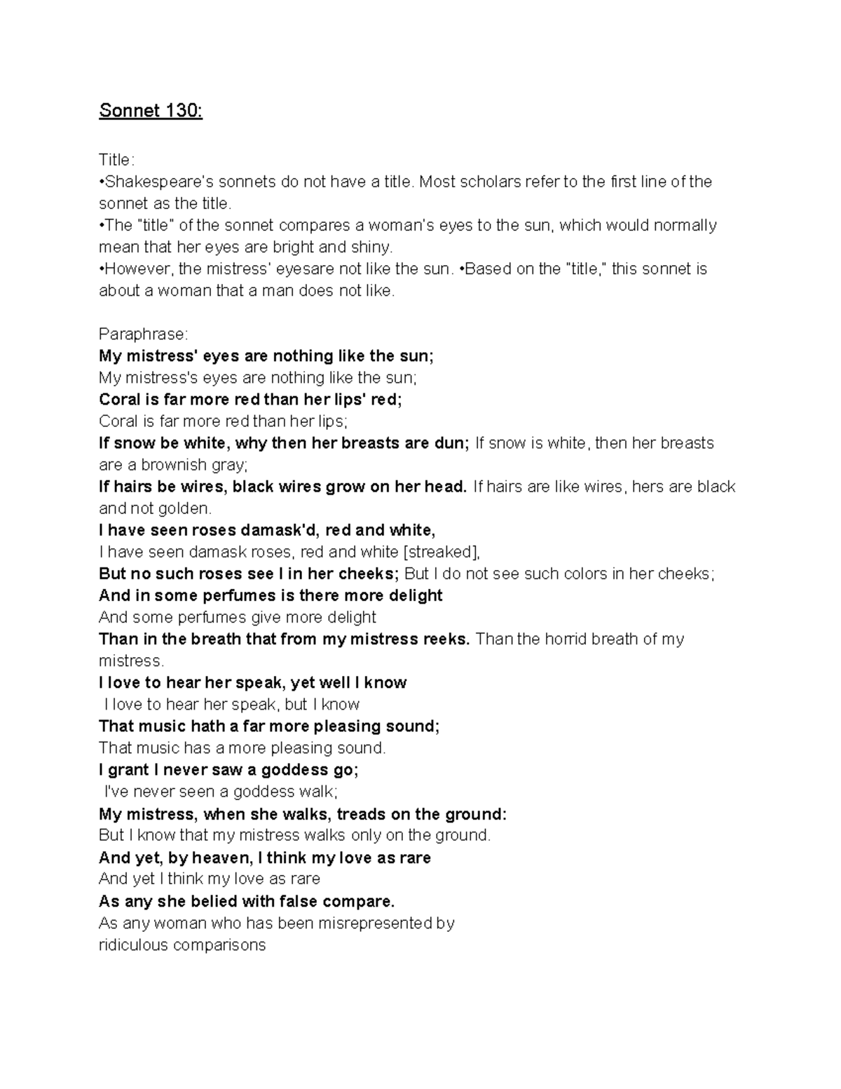 Sonnet 130 (Final Exam Cheat Sheet) - Analysis, Structure, and Themes ...