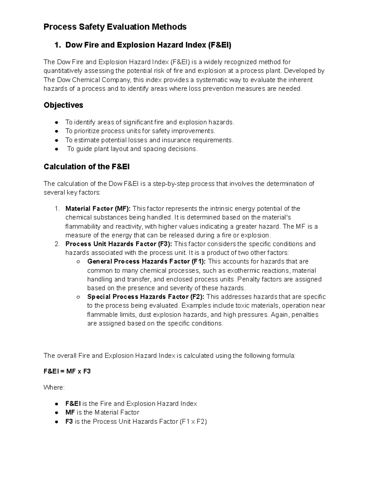 Process Safety Evaluation Methods: Dow Fire & Explosion Hazard Index ...
