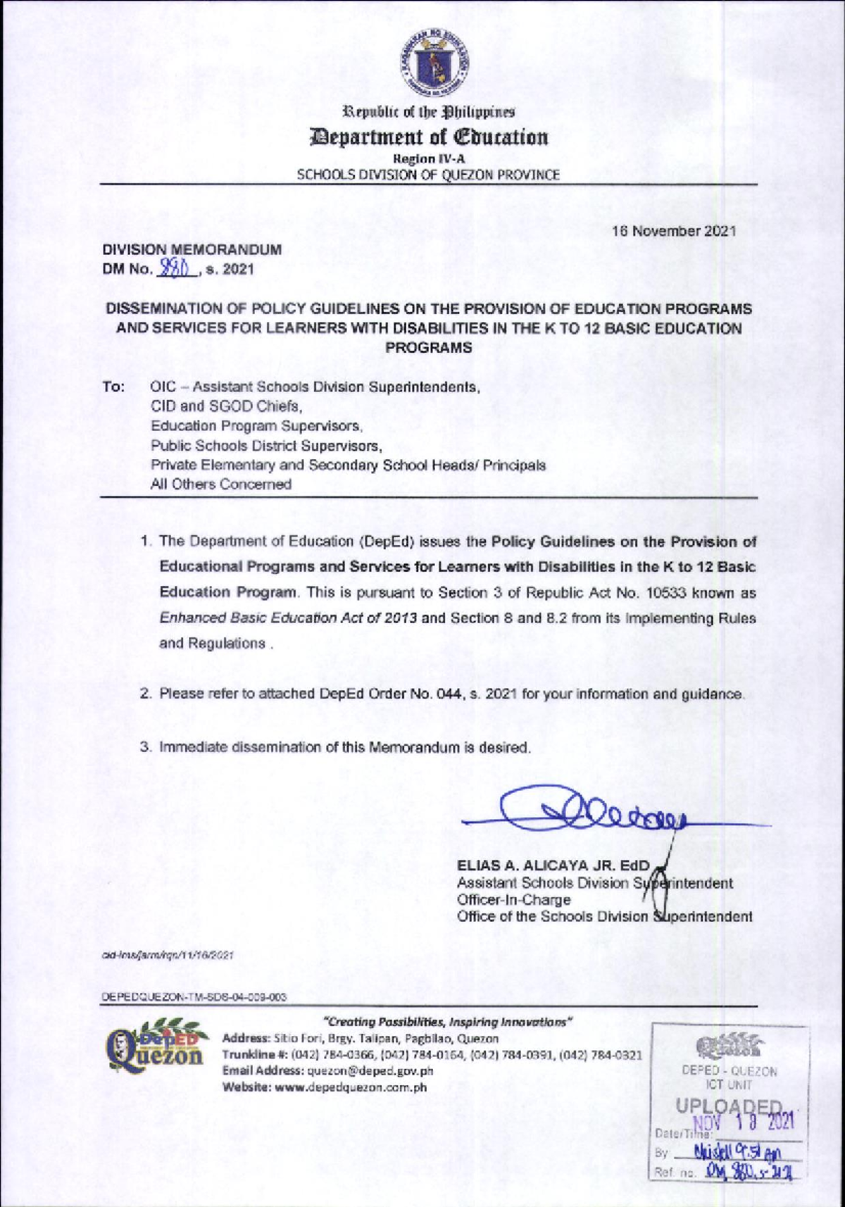 DM 880, S. 2021: Policy Guidelines for Education Programs for Learners ...