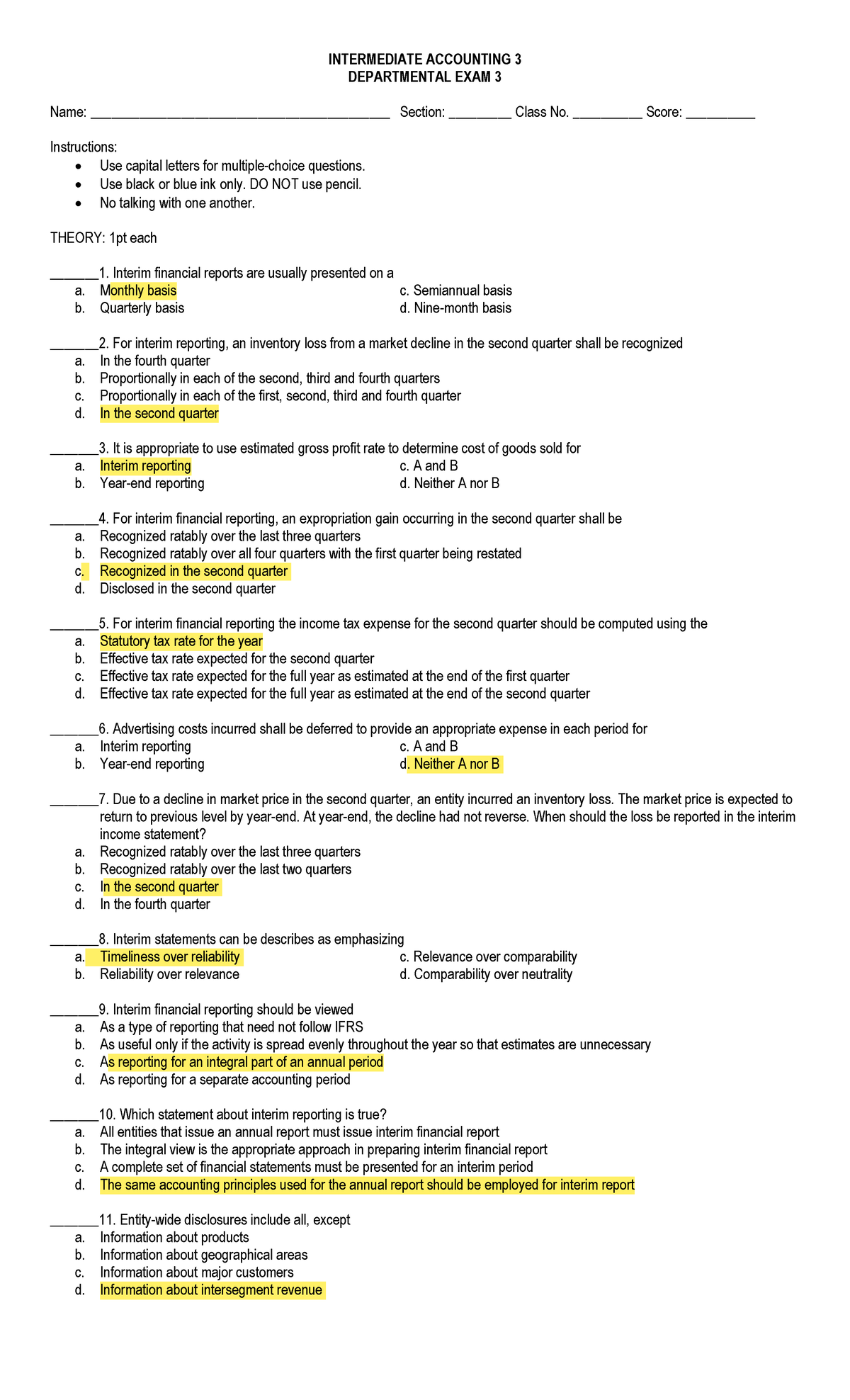 INTERMEDIATE ACCOUNTING 3 DEPARTMENTAL EXAM 3 PRACTICE MATERIALS - Studocu