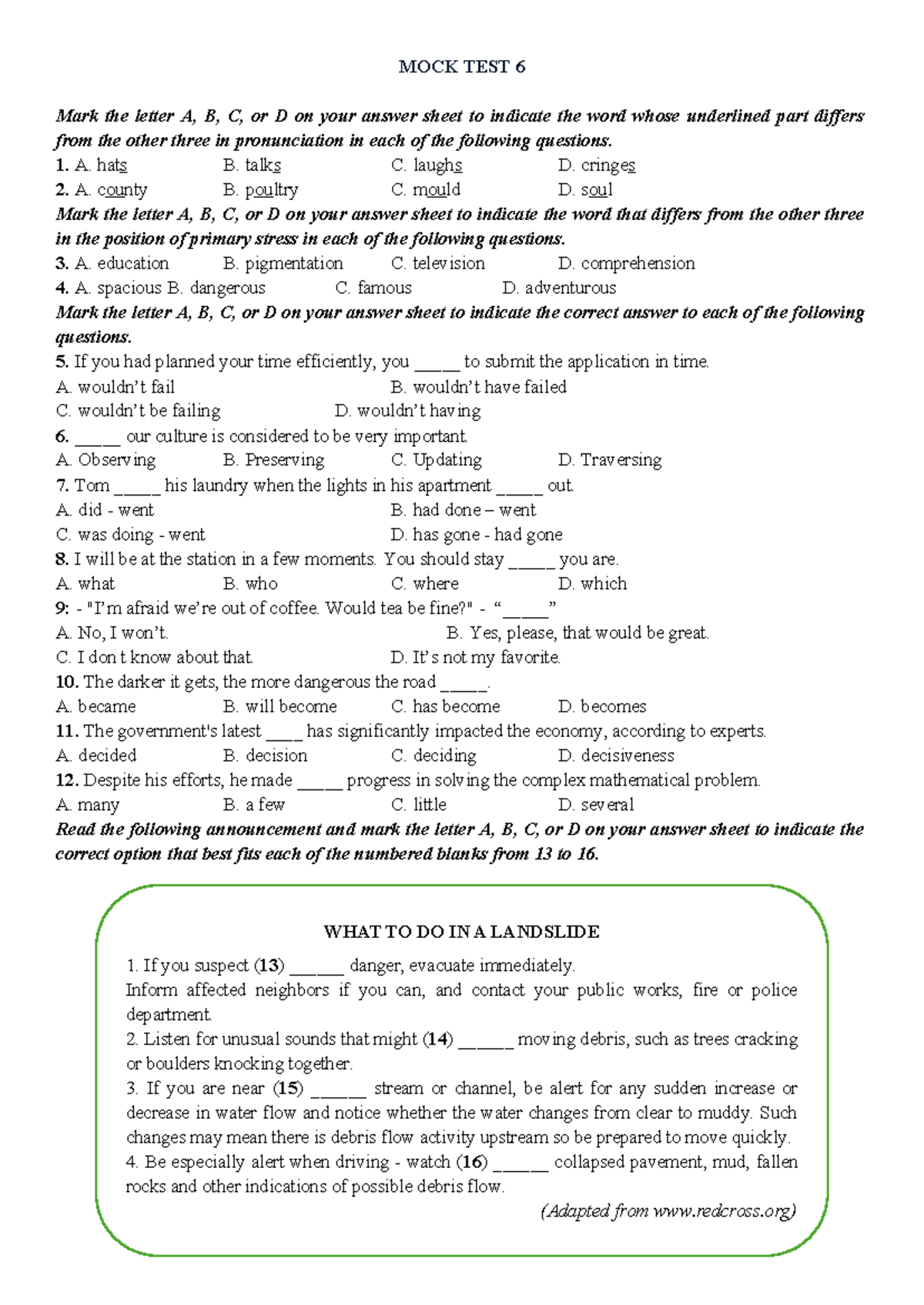 MOCK TEST 6: Pronunciation and Stress Practice Questions - Studocu