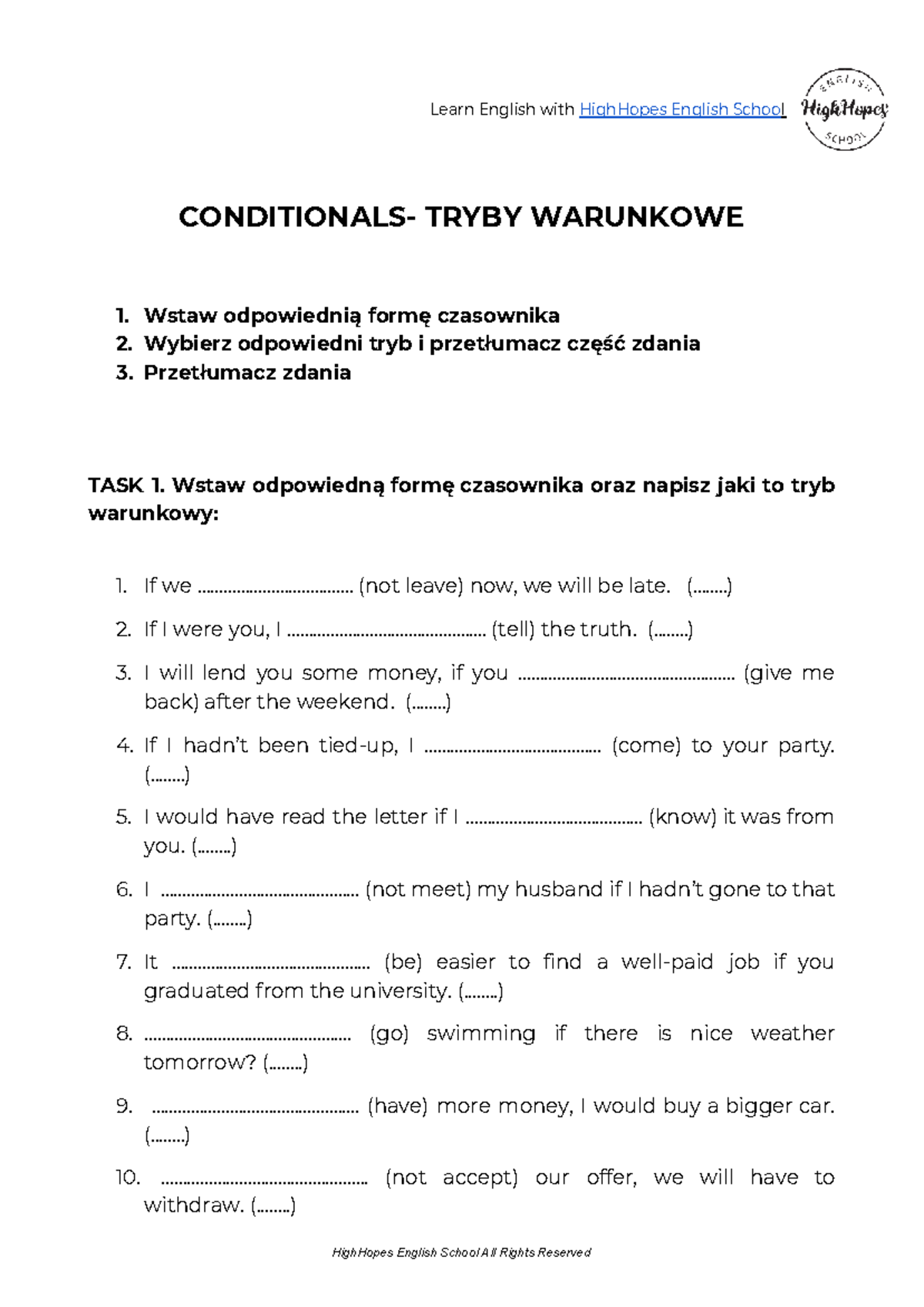 Conditionals - English Exercises and Answer Key (ENG 101) - Studocu
