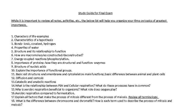 Study Guide for BIO101 Final Exam: Key Topics & Concepts - Studocu